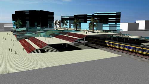 みじんこ総研の特許技術「津波救助装置」を活用した、都市部の大規模避難所として機能する大型駅の構成例